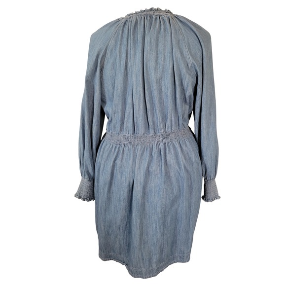 Old Navy XXL Blue Chambray Long Sleeve Tie Neck Smocked Mini Dress Pockets - Picture 5 of 7